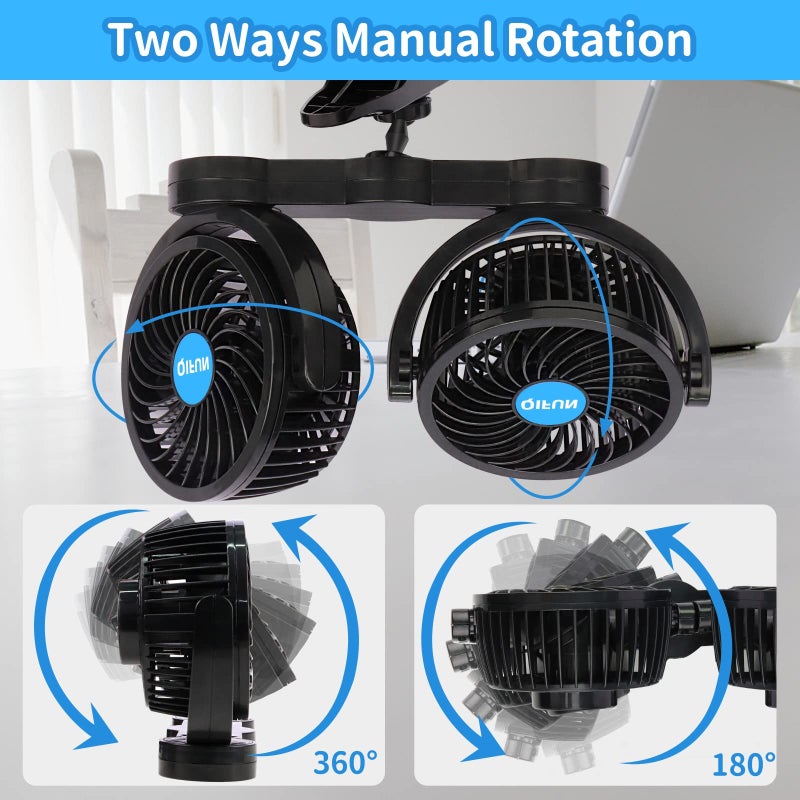 QIFUN Car Fan Adjustable Dual Head 12V 360Â° Rotatable 4 Inches Car Clip Fan for Front/Rear Seat Passenger Car Essentials Cooler with Stepless Speed Regulation for Vehicle SUV, RV - Image 4